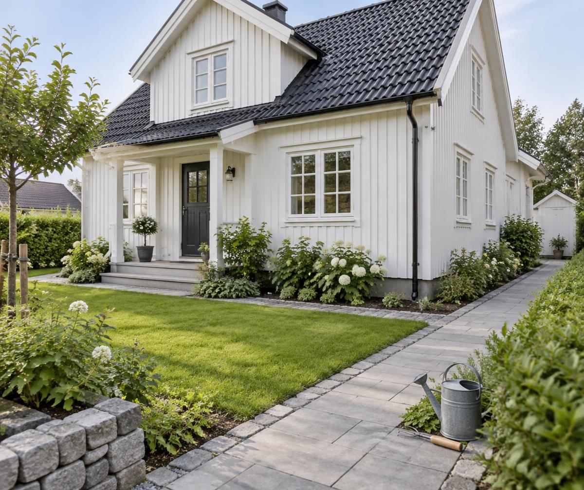 Illustrasjon av et velstelt hjem med hage